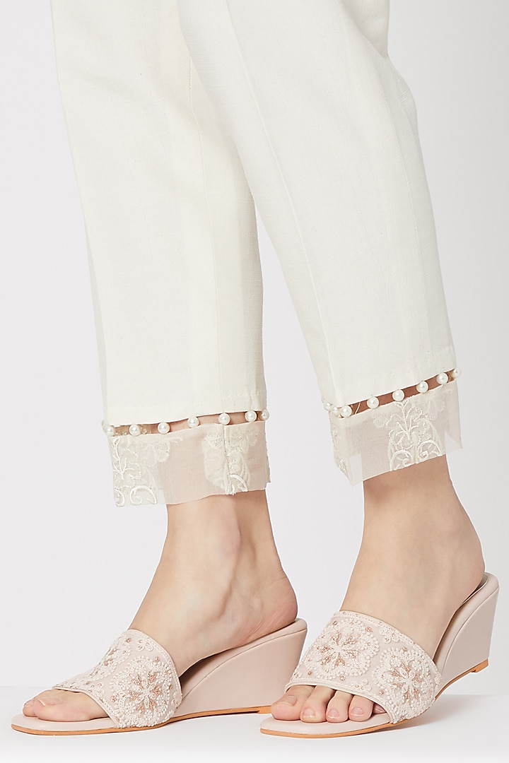 Cream Embroidered Slip-on Wedges by Veruschka By Payal Kothari at Pernia's Pop Up Shop