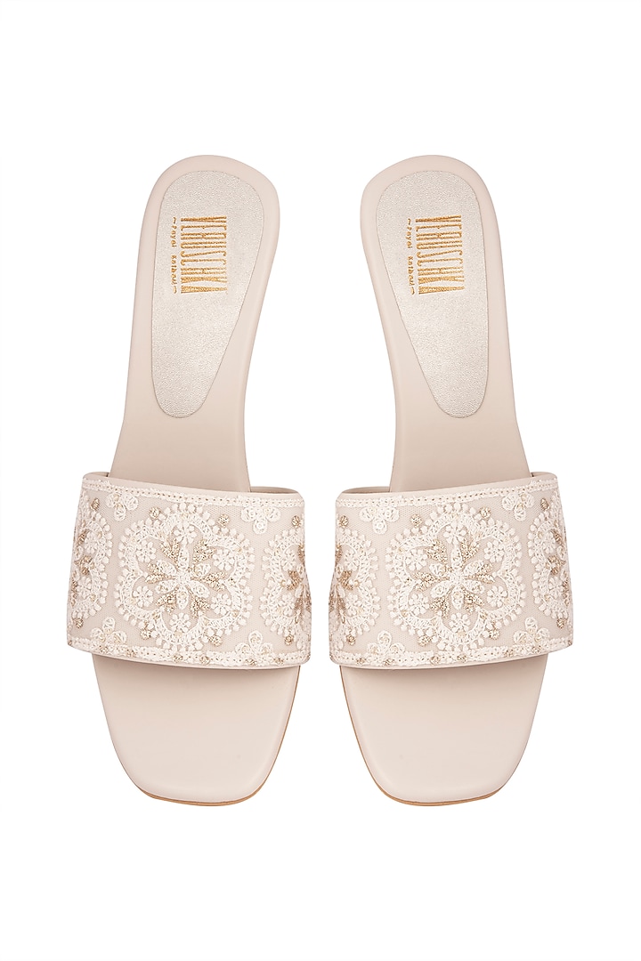 Cream Embroidered Slip-on Wedges by Veruschka By Payal Kothari at Pernia's Pop Up Shop