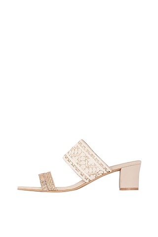 Cream & Gold Embroidered Slip-on Block Heels by Veruschka By Payal Kothari