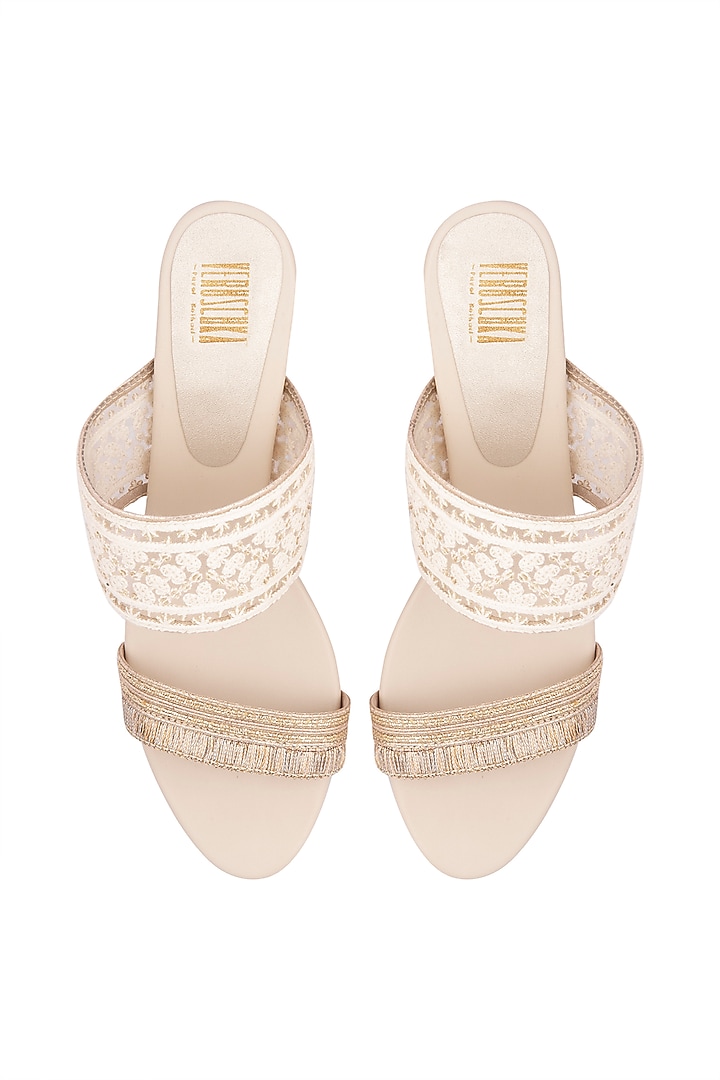 Cream & Gold Embroidered Slip-on Block Heels by Veruschka By Payal Kothari at Pernia's Pop Up Shop