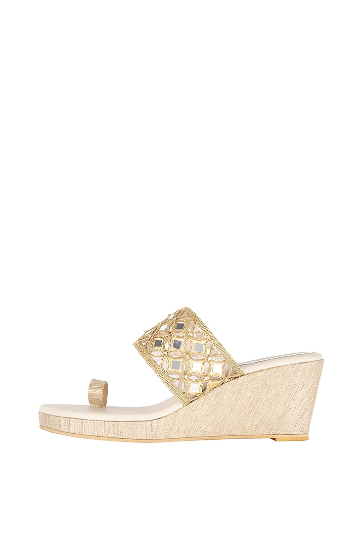 Cream & Gold Embroidered Kolhapuri Wedges by Veruschka By Payal Kothari at Pernia's Pop Up Shop