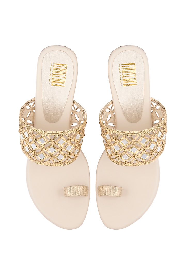 Cream & Gold Embroidered Kolhapuri Wedges by Veruschka By Payal Kothari at Pernia's Pop Up Shop