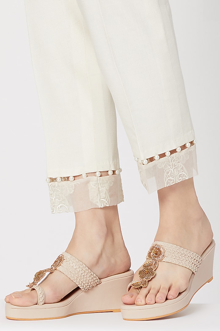 Cream & Gold Zardosi Embroidered Kolhapuri Wedges by Veruschka By Payal Kothari at Pernia's Pop Up Shop