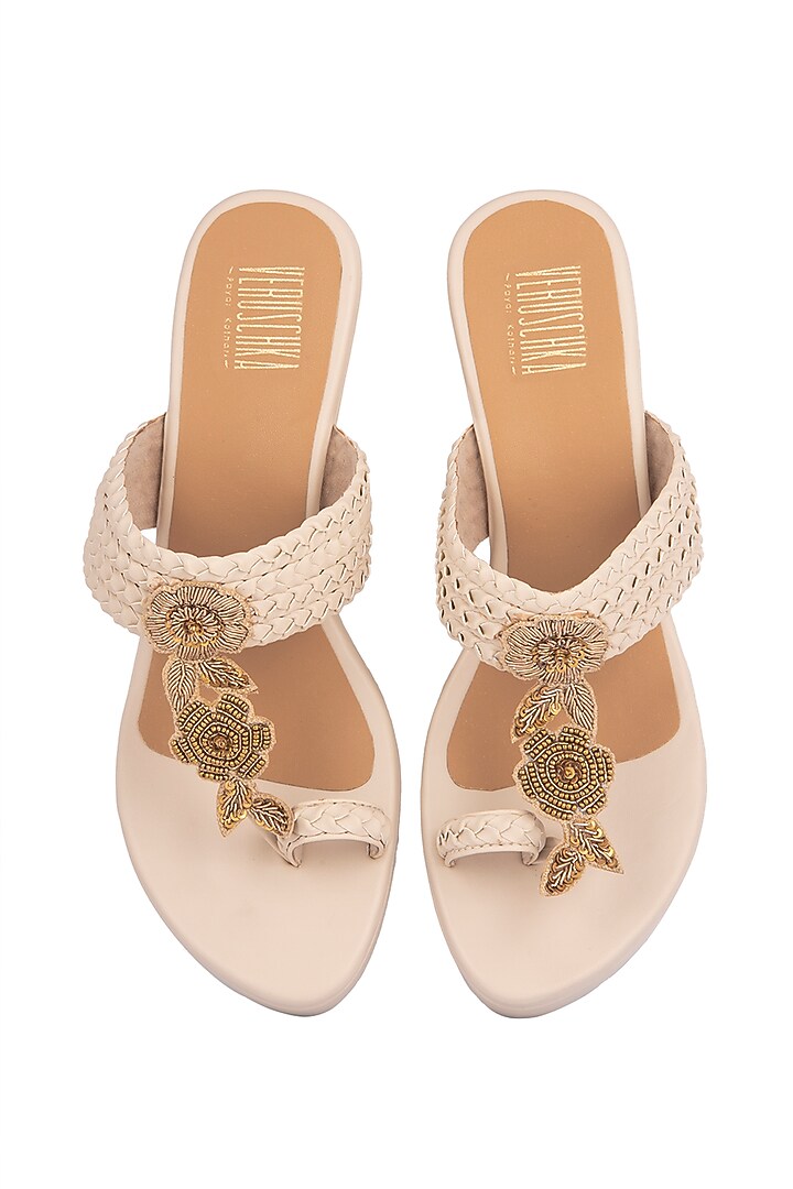 Cream & Gold Zardosi Embroidered Kolhapuri Wedges by Veruschka By Payal Kothari at Pernia's Pop Up Shop