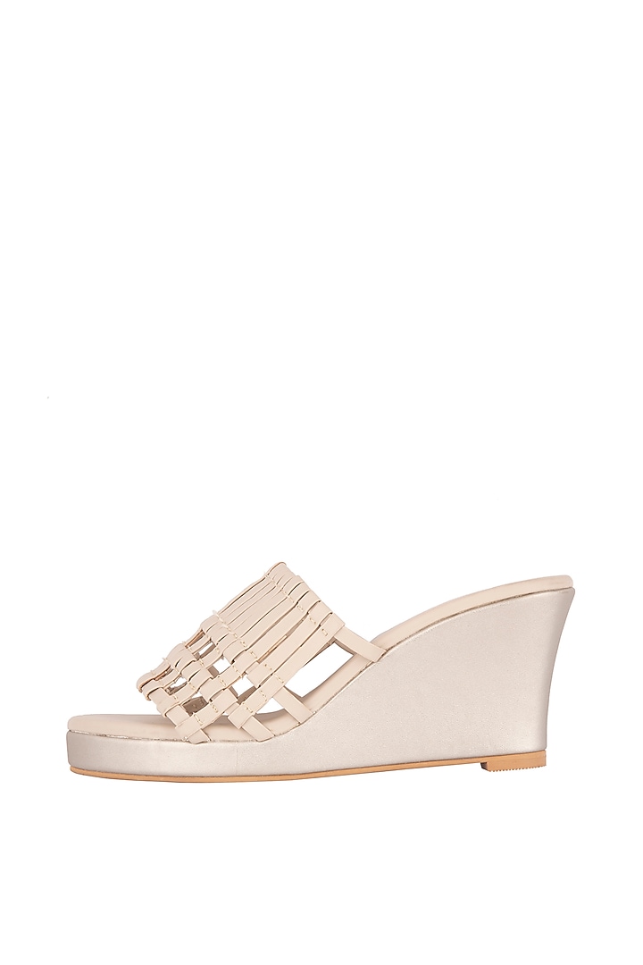 Cream & Gold Embroidered Slip-on Wedges by Veruschka By Payal Kothari at Pernia's Pop Up Shop
