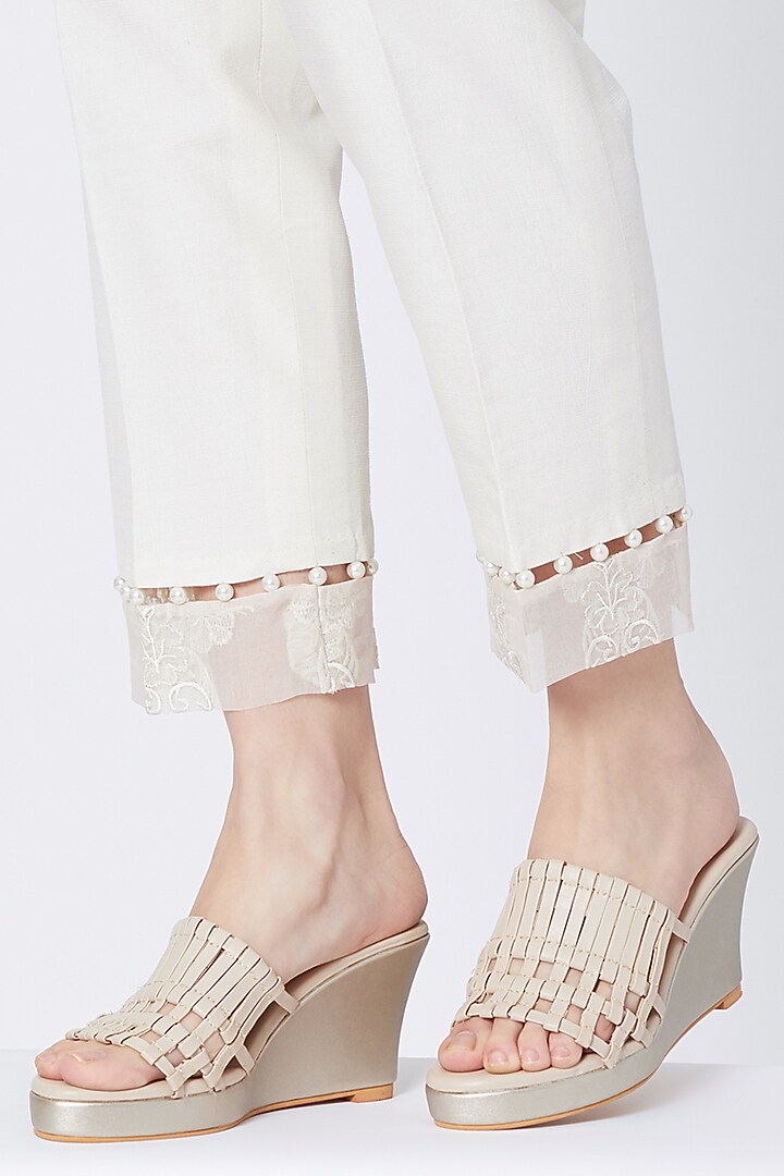 Cream & Gold Embroidered Slip-on Wedges by Veruschka By Payal Kothari at Pernia's Pop Up Shop