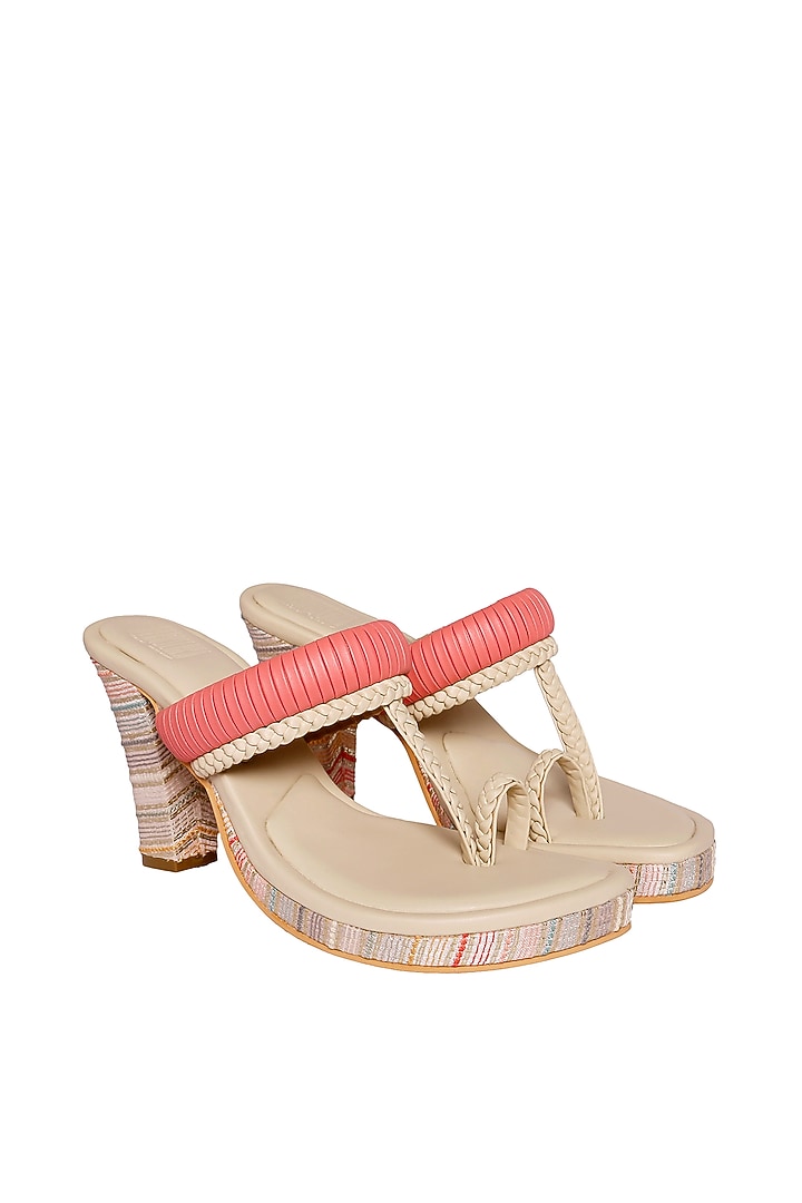 Cream & Pink Vegan Leather Kohlapuri Heels by Veruschka By Payal Kothari at Pernia's Pop Up Shop