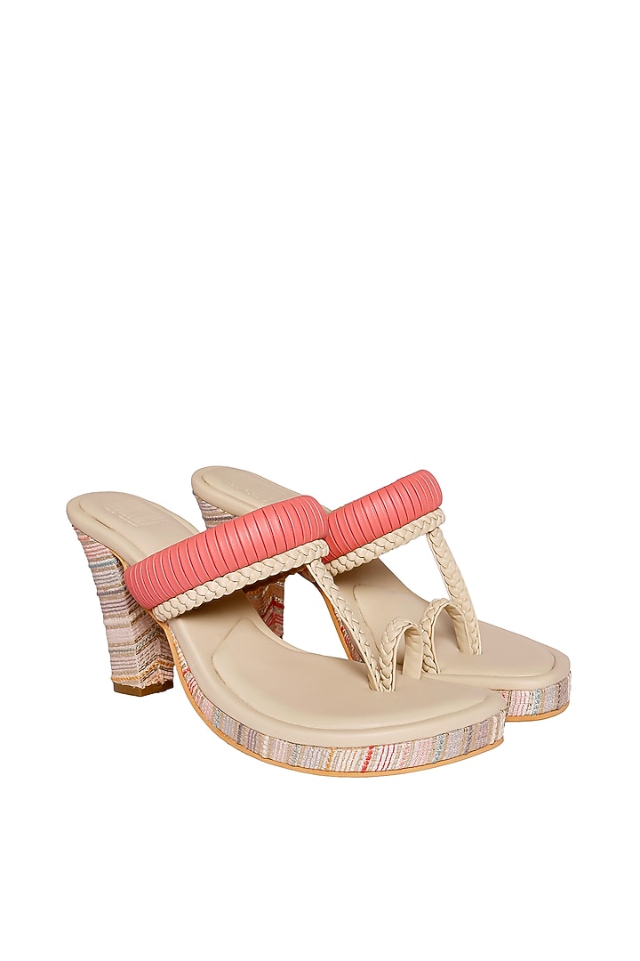 Cream & Pink Vegan Leather Kohlapuri Heels by Veruschka By Payal Kothari