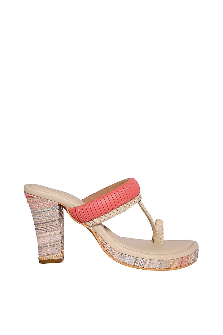 Cream & Pink Vegan Leather Kohlapuri Heels by Veruschka By Payal Kothari at Pernia's Pop Up Shop