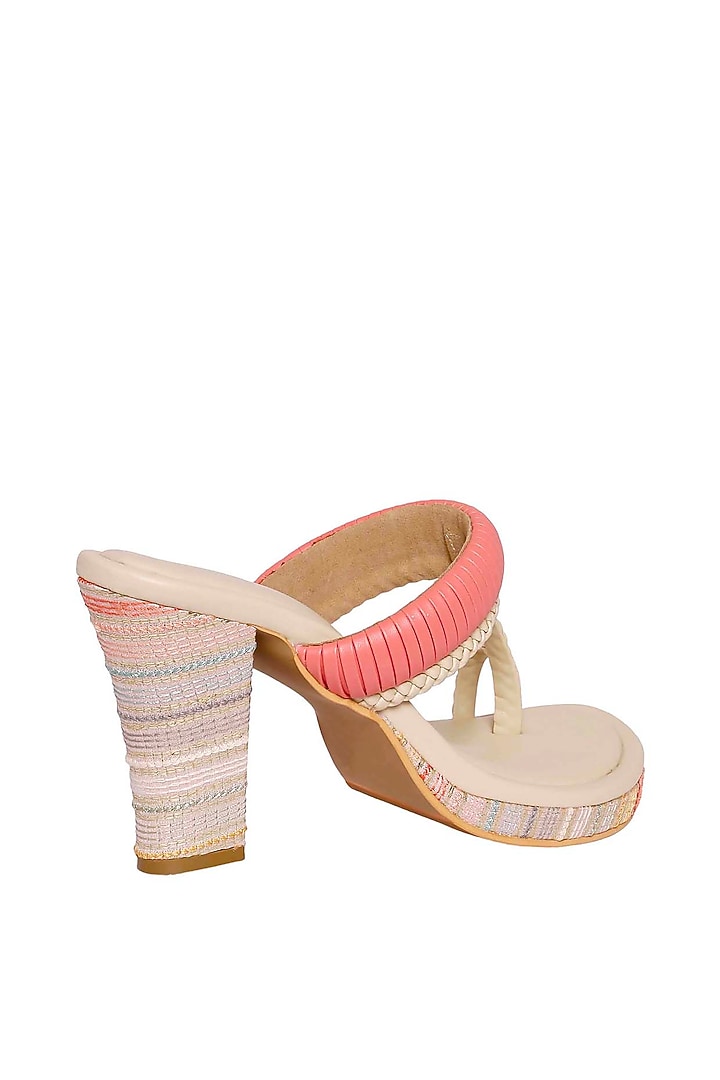 Cream & Pink Vegan Leather Kohlapuri Heels by Veruschka By Payal Kothari at Pernia's Pop Up Shop
