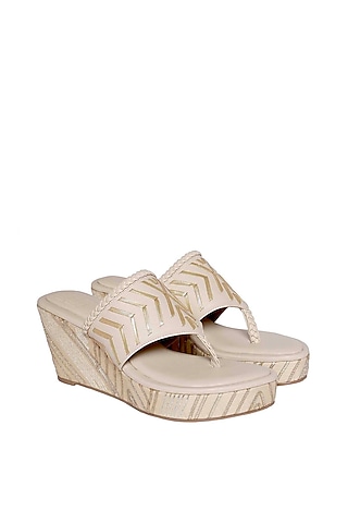 Cream & Gold Vegan Leather Thong Wedges by Veruschka By Payal Kothari