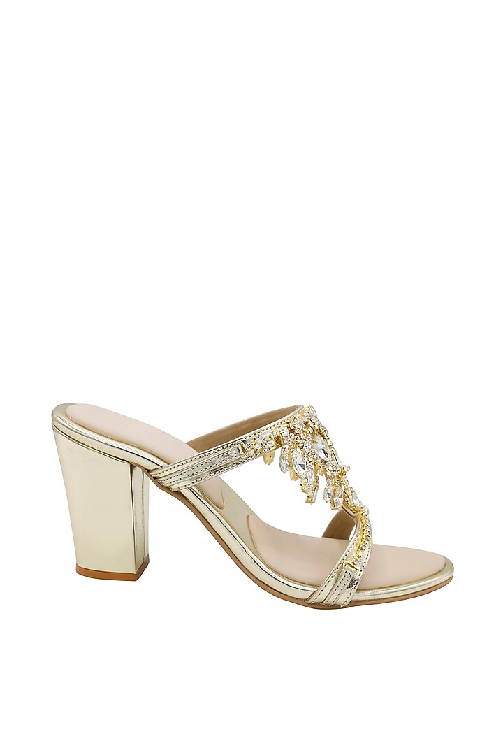 Metallic Gold Vegan Leather Block Heels by Veruschka By Payal Kothari at Pernia's Pop Up Shop