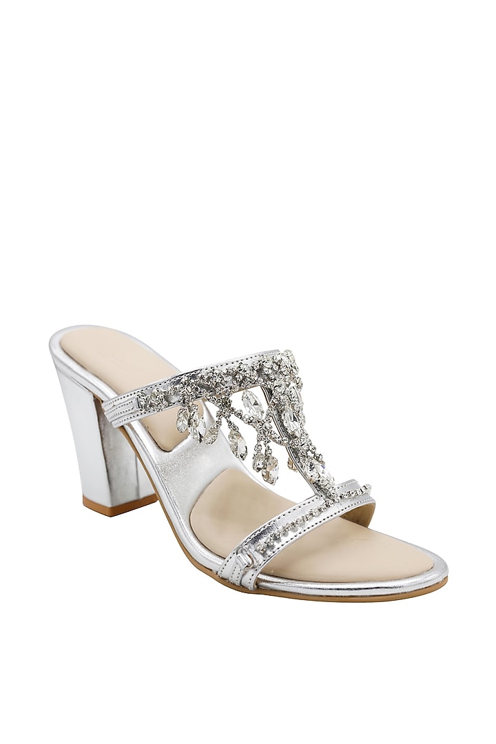 Metallic Silver Vegan Leather Block Heels by Veruschka By Payal Kothari at Pernia's Pop Up Shop