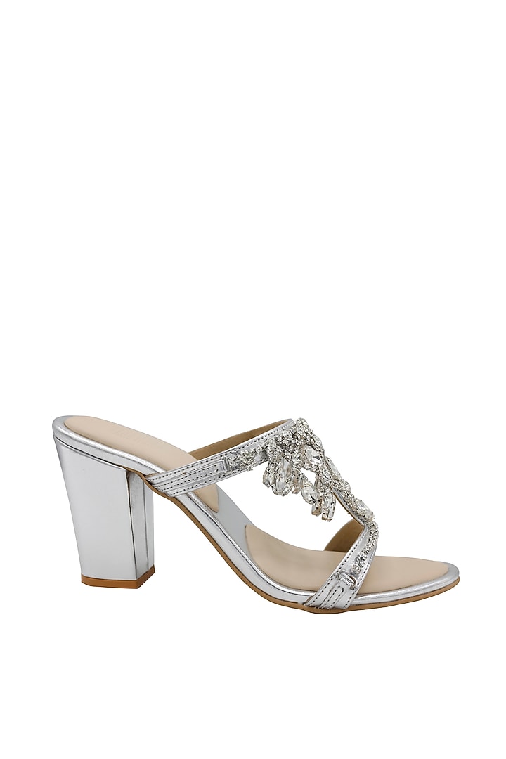 Metallic Silver Vegan Leather Block Heels by Veruschka By Payal Kothari at Pernia's Pop Up Shop