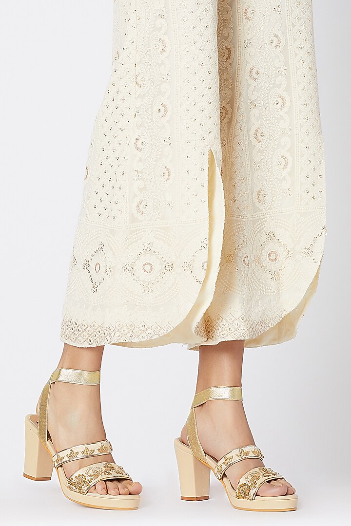 Cream & Gold Embroidered Block Heels by Veruschka By Payal Kothari at Pernia's Pop Up Shop