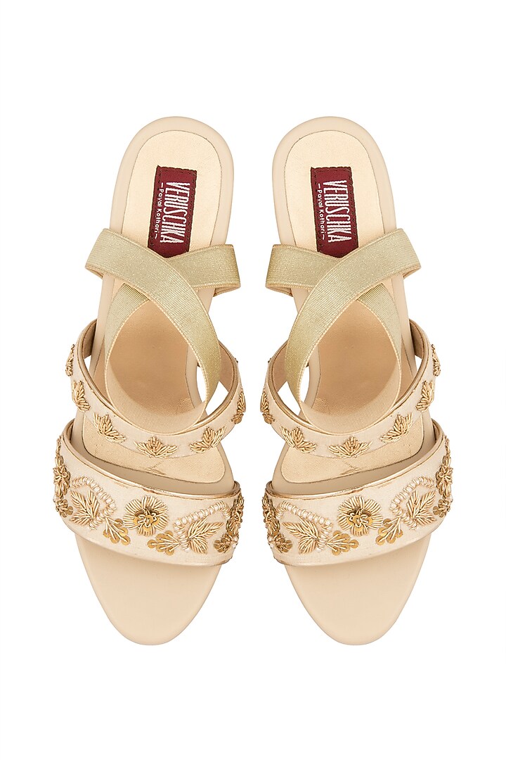 Cream & Gold Embroidered Block Heels by Veruschka By Payal Kothari at Pernia's Pop Up Shop