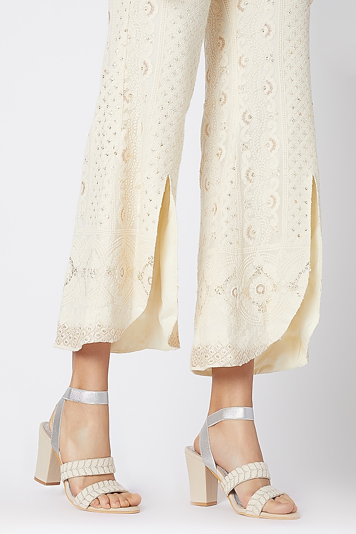 Cream & Silver Embroidered Block Heels by Veruschka By Payal Kothari at Pernia's Pop Up Shop