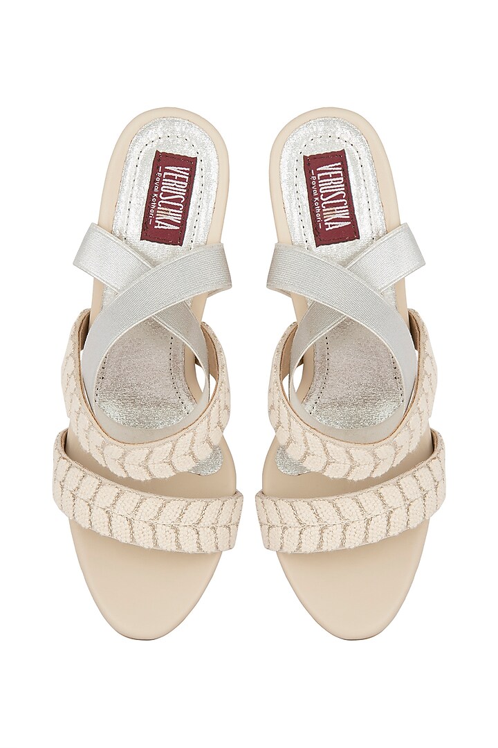 Cream & Silver Embroidered Block Heels by Veruschka By Payal Kothari at Pernia's Pop Up Shop