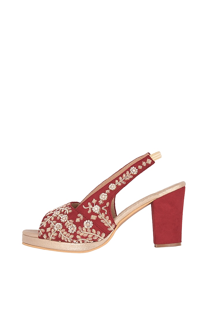 Red & Gold Embroidered Block Heels by Veruschka By Payal Kothari