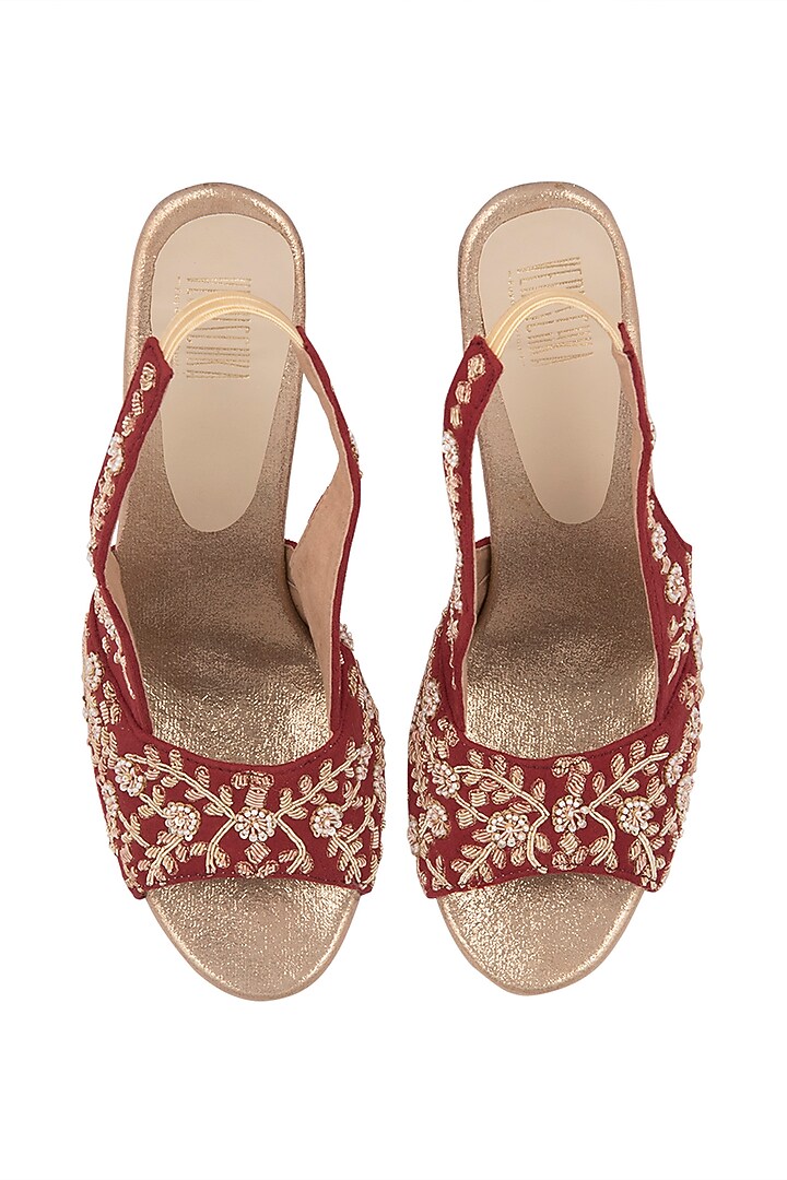 Red & Gold Embroidered Block Heels by Veruschka By Payal Kothari at Pernia's Pop Up Shop