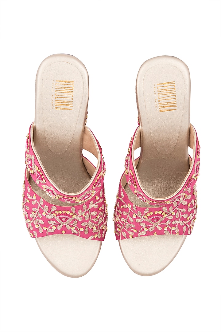 Pink & Gold Embroidered Wedges by Veruschka By Payal Kothari at Pernia's Pop Up Shop