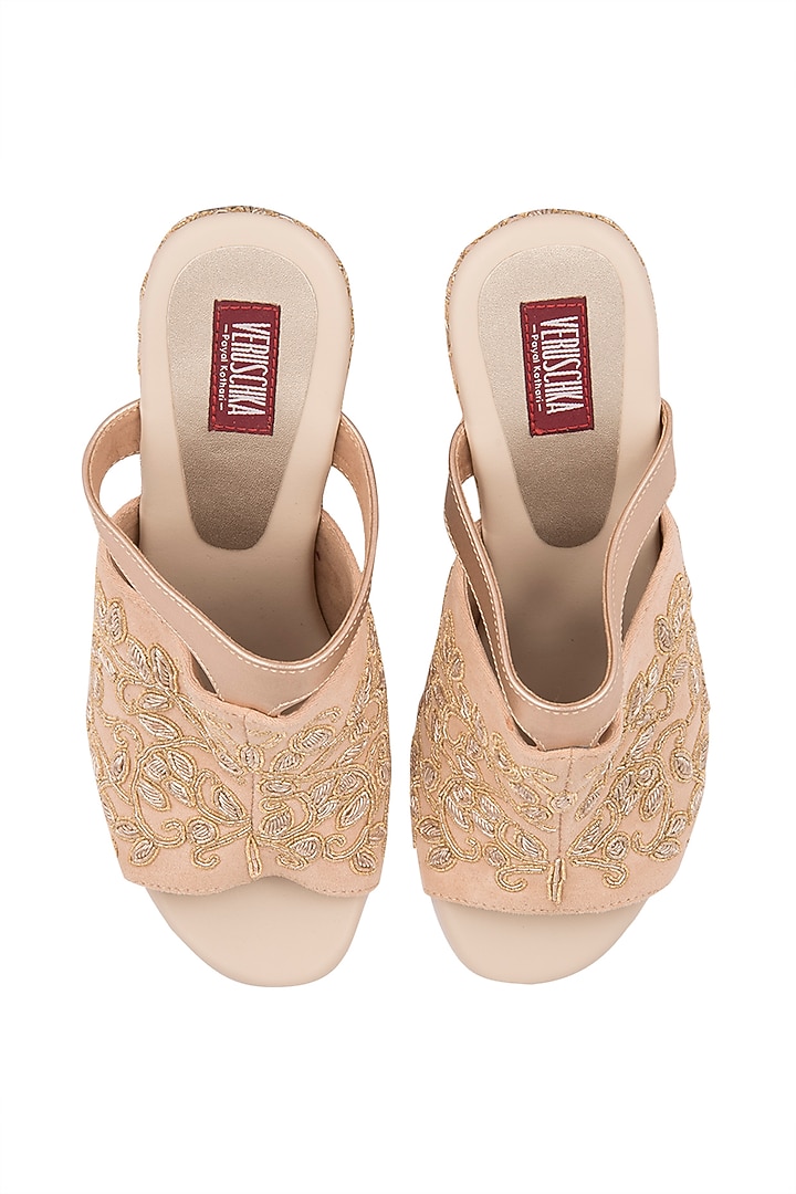 Peach, Gold & Silver Embroidered Wedges by Veruschka By Payal Kothari at Pernia's Pop Up Shop