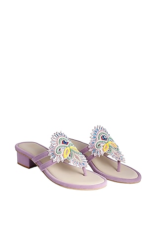 Lilac Suede Embroidered Slip-on Block Heels by Veruschka By Payal Kothari 