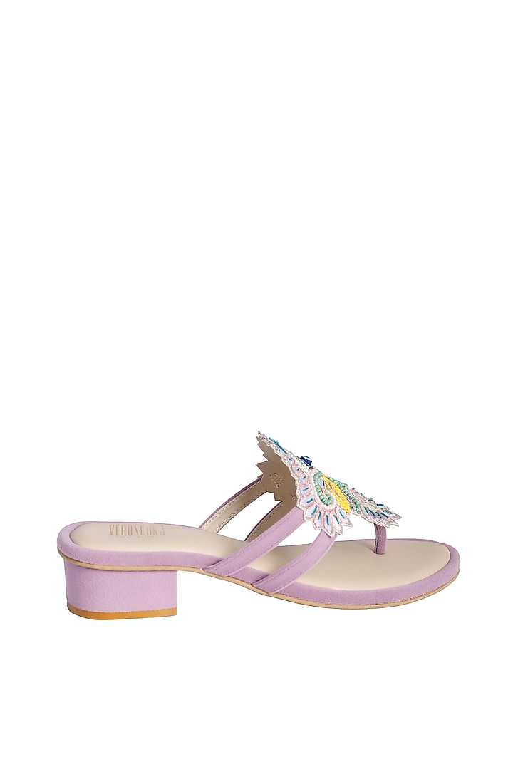 Lilac Suede Embroidered Slip-on Block Heels by Veruschka By Payal Kothari at Pernia's Pop Up Shop