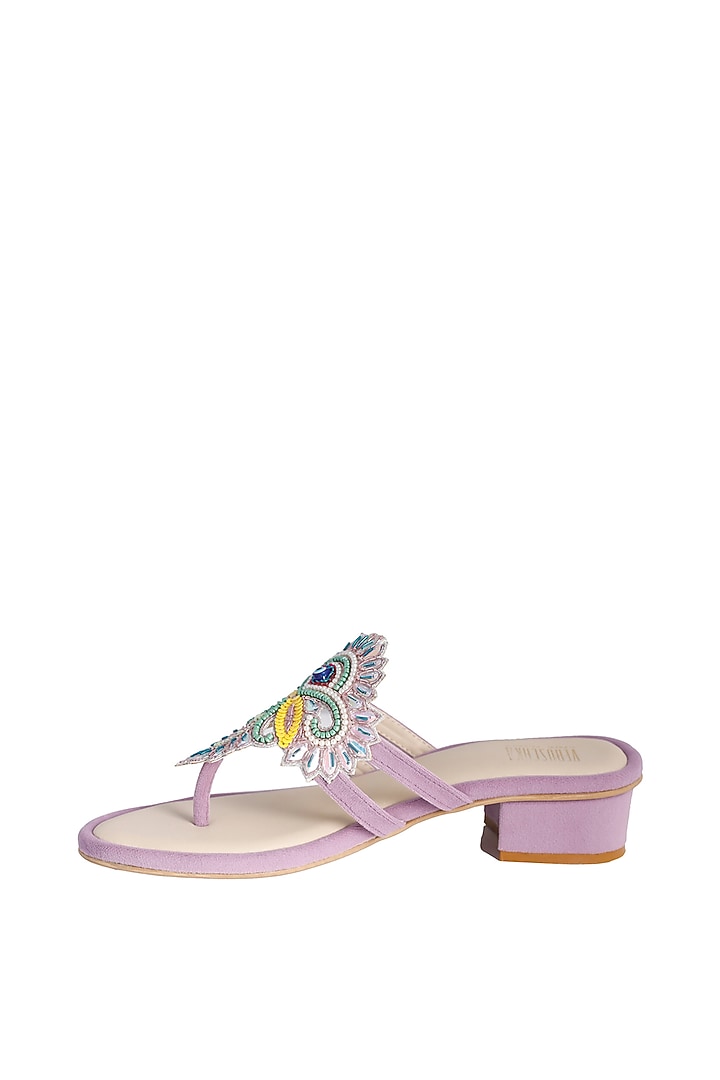 Lilac Suede Embroidered Slip-on Block Heels by Veruschka By Payal Kothari at Pernia's Pop Up Shop