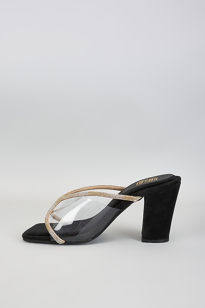 Black Micro Suede & PVC Slip-On Heels by Veruschka By Payal Kothari at Pernia's Pop Up Shop