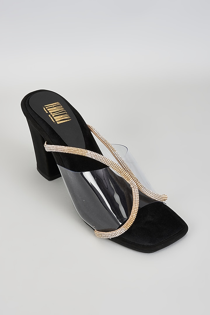 Black Micro Suede & PVC Slip-On Heels by Veruschka By Payal Kothari at Pernia's Pop Up Shop