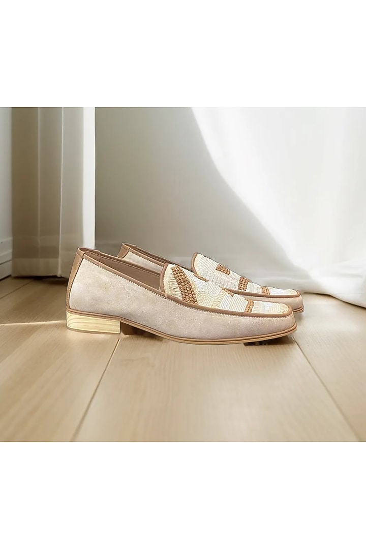 Cream Faux Leather Salli Embroidered Handcrafted Loafers by PAKO at Pernia's Pop Up Shop