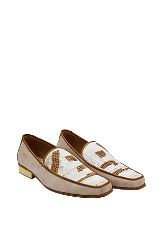 Cream Faux Leather Salli Embroidered Handcrafted Loafers by PAKO