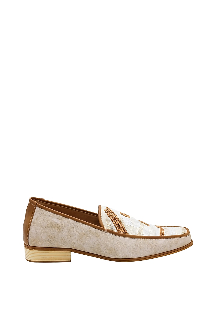 Cream Faux Leather Salli Embroidered Handcrafted Loafers by PAKO at Pernia's Pop Up Shop
