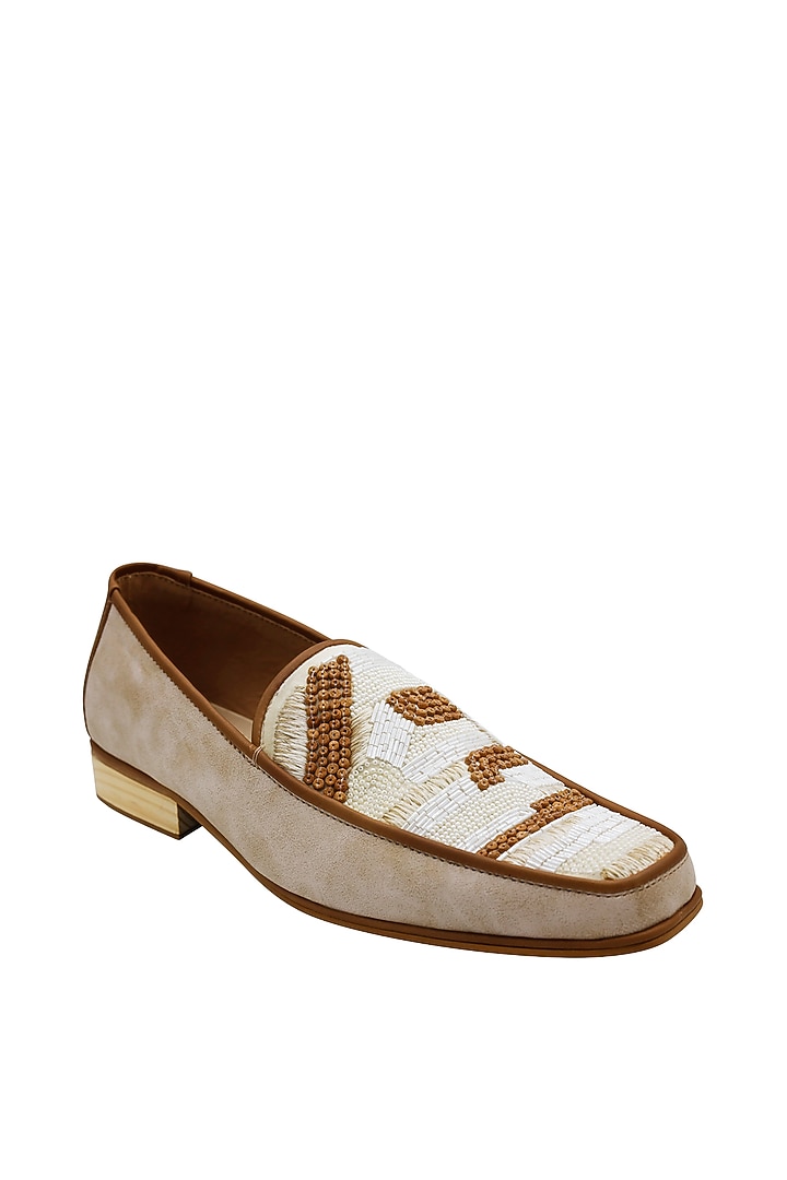 Cream Faux Leather Salli Embroidered Handcrafted Loafers by PAKO at Pernia's Pop Up Shop