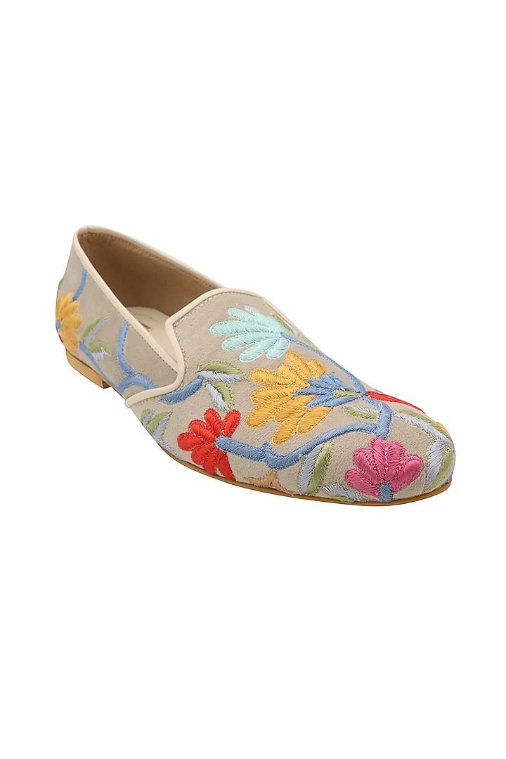 Beige Embroidered Loafers by PAKO at Pernia's Pop Up Shop