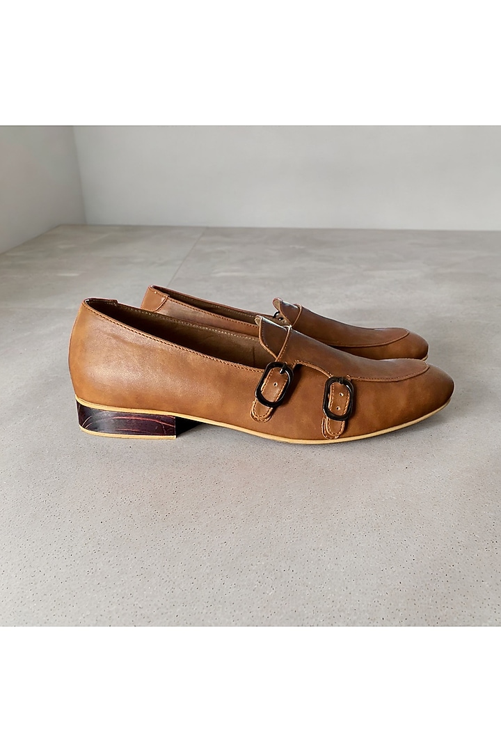 Tan Faux Leather Handcrafted Loafers by PAKO at Pernia's Pop Up Shop