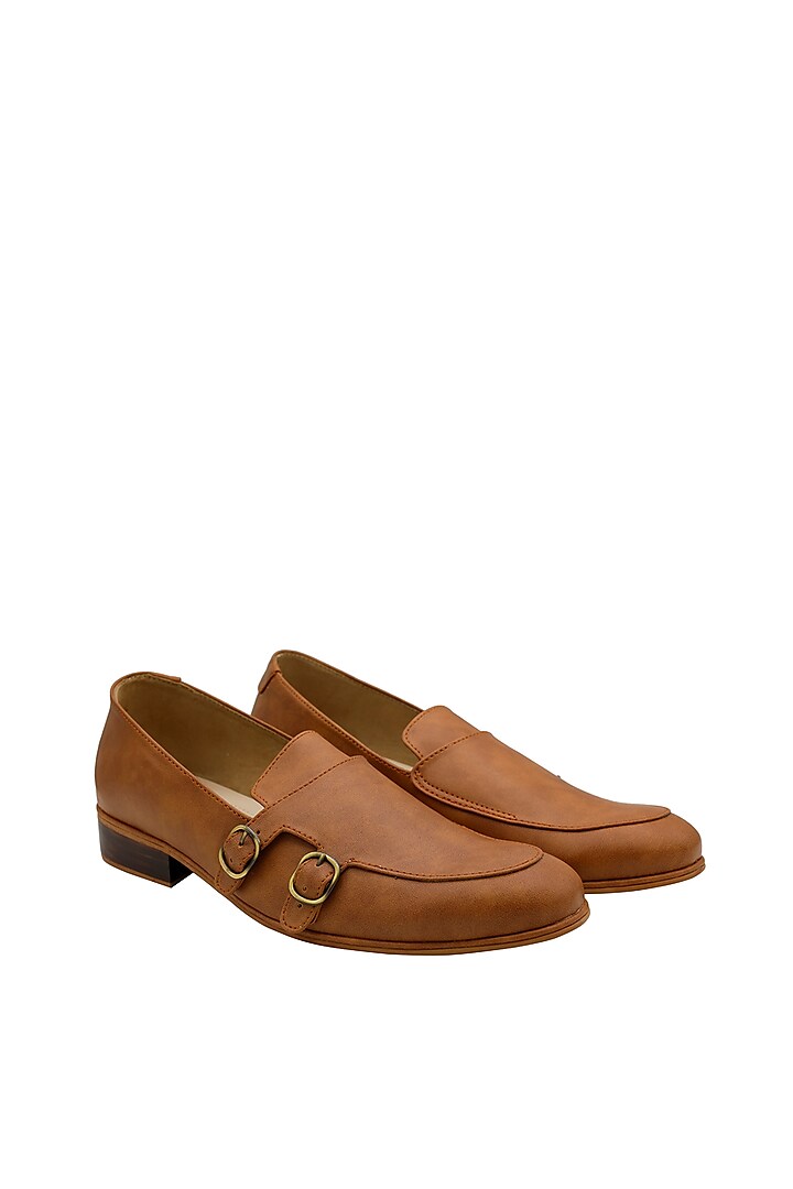 Tan Faux Leather Handcrafted Loafers by PAKO