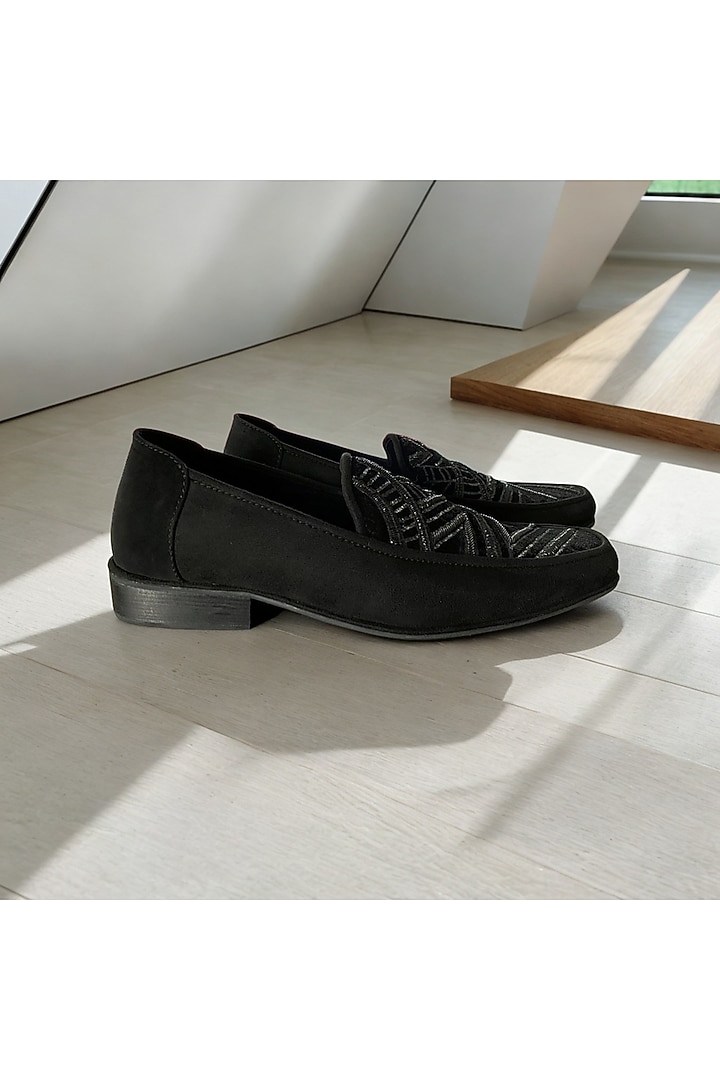 Black Faux Leather Embroidered Handcrafted Loafers by PAKO at Pernia's Pop Up Shop