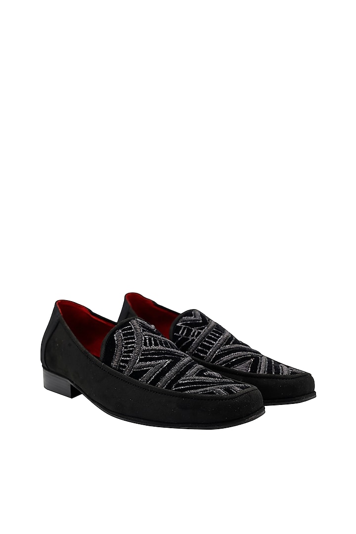 Black Faux Leather Embroidered Handcrafted Loafers by PAKO