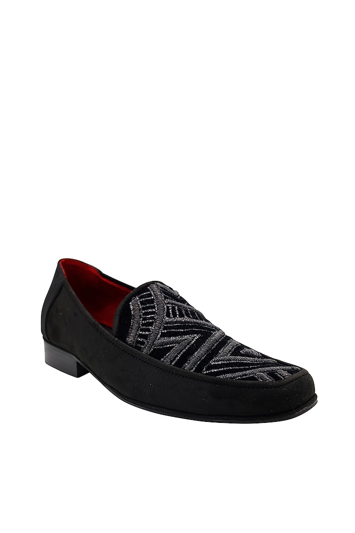 Black Faux Leather Embroidered Handcrafted Loafers by PAKO at Pernia's Pop Up Shop