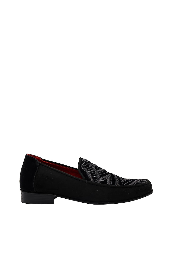 Black Faux Leather Embroidered Handcrafted Loafers by PAKO at Pernia's Pop Up Shop