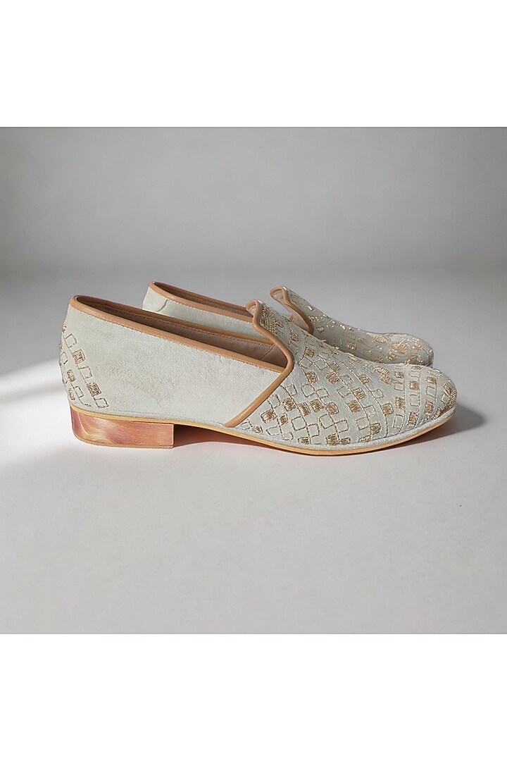 Green Suede Embroidered Handcrafted Loafers by PAKO at Pernia's Pop Up Shop