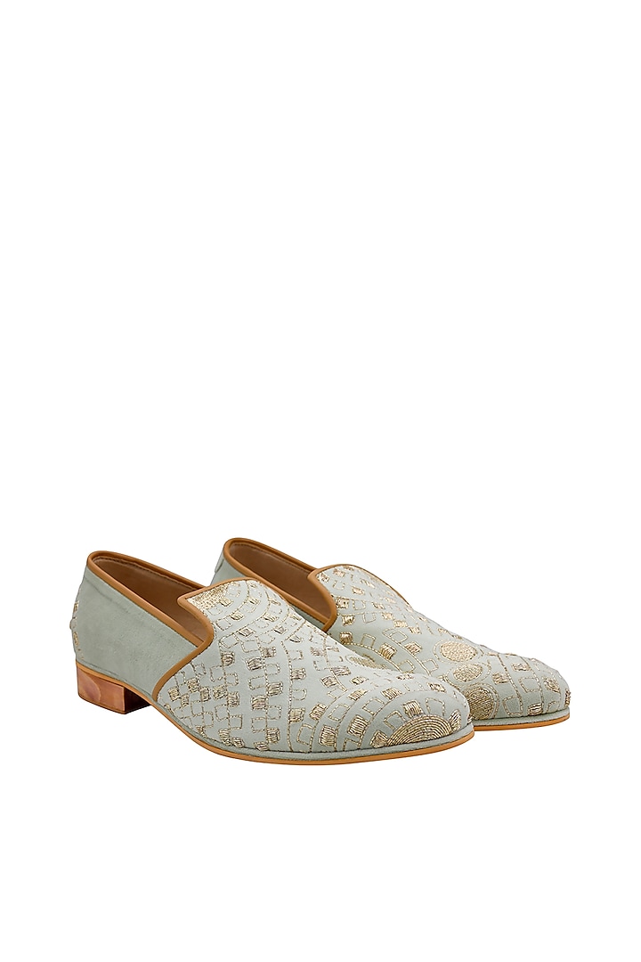 Green Suede Embroidered Handcrafted Loafers by PAKO