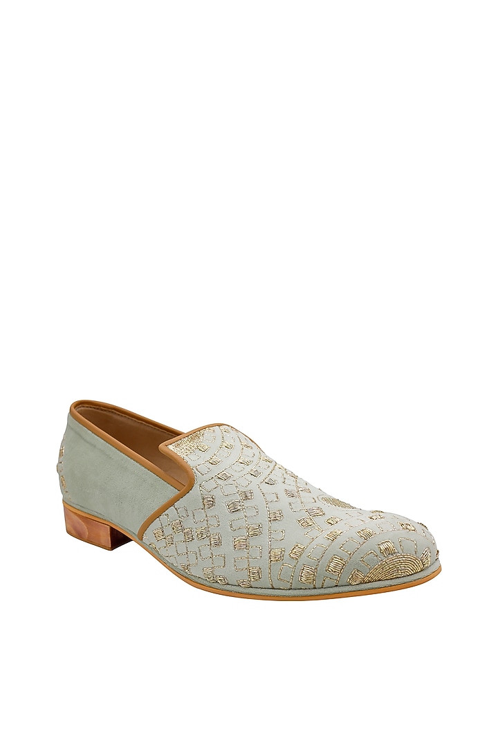 Green Suede Embroidered Handcrafted Loafers by PAKO at Pernia's Pop Up Shop