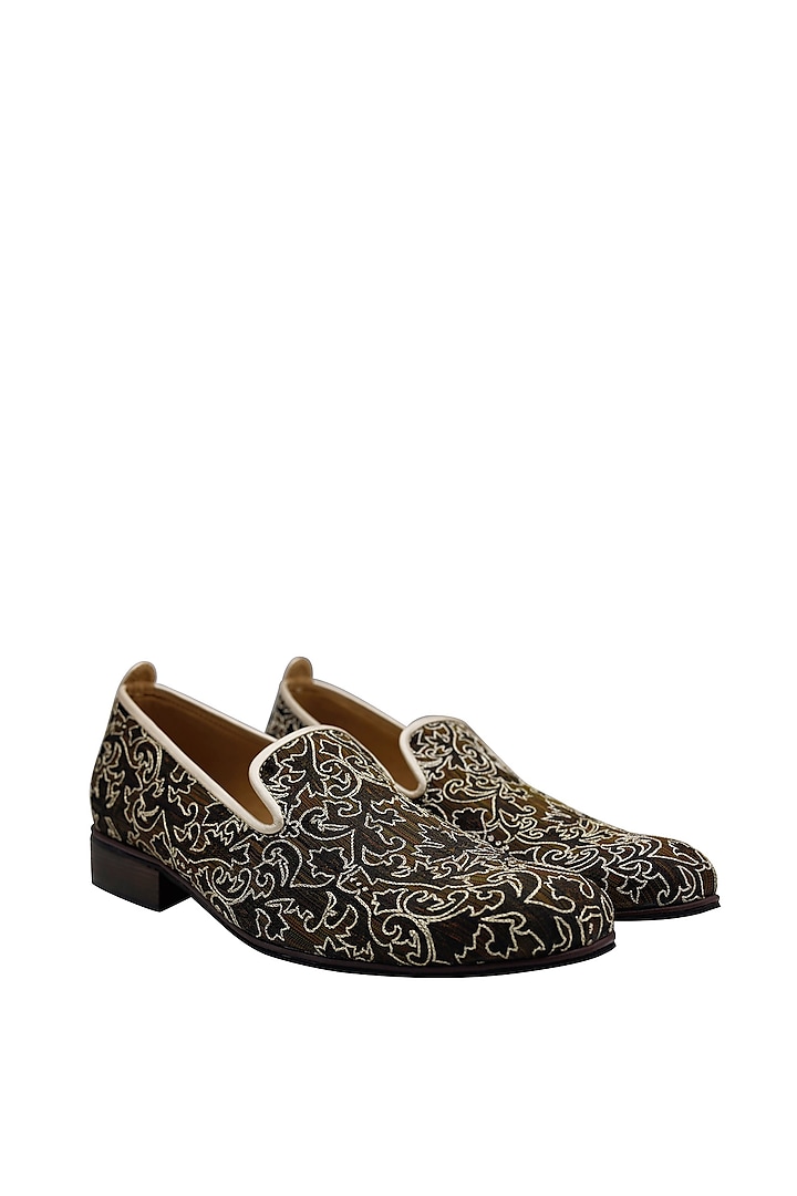 Black & Brown Woven Fabric Embroidered Handcrafted Loafers by PAKO
