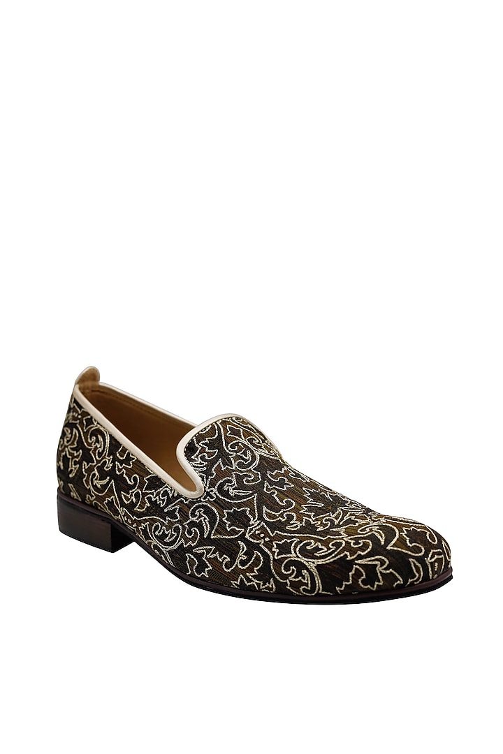 Black & Brown Woven Fabric Embroidered Handcrafted Loafers by PAKO at Pernia's Pop Up Shop