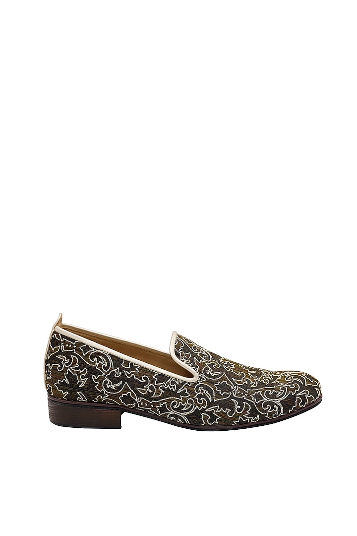 Black & Brown Woven Fabric Embroidered Handcrafted Loafers by PAKO at Pernia's Pop Up Shop