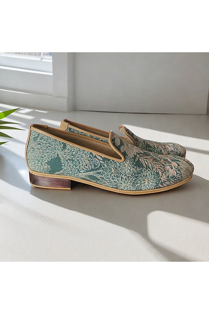 Green Micro-Suede Embroidered Handcrafted Loafers by PAKO at Pernia's Pop Up Shop