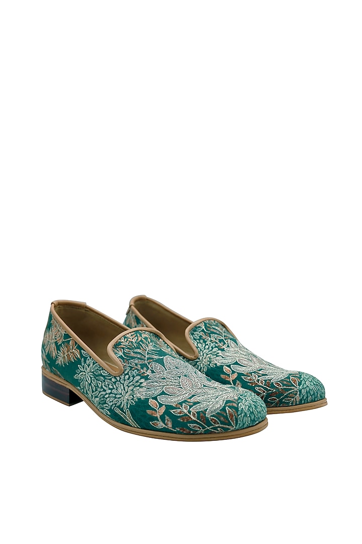 Green Micro-Suede Embroidered Handcrafted Loafers by PAKO